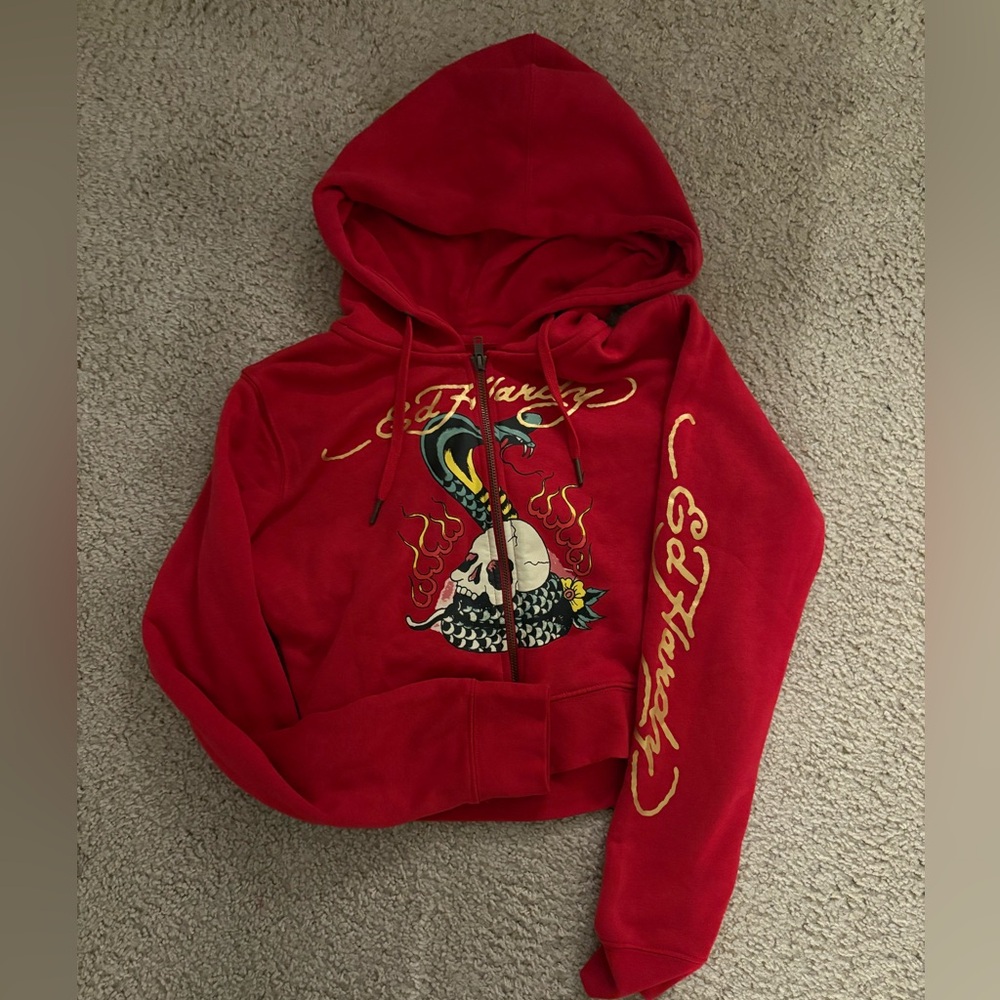 Ed Hardy Red Hoodie with Skull and Snake Design
